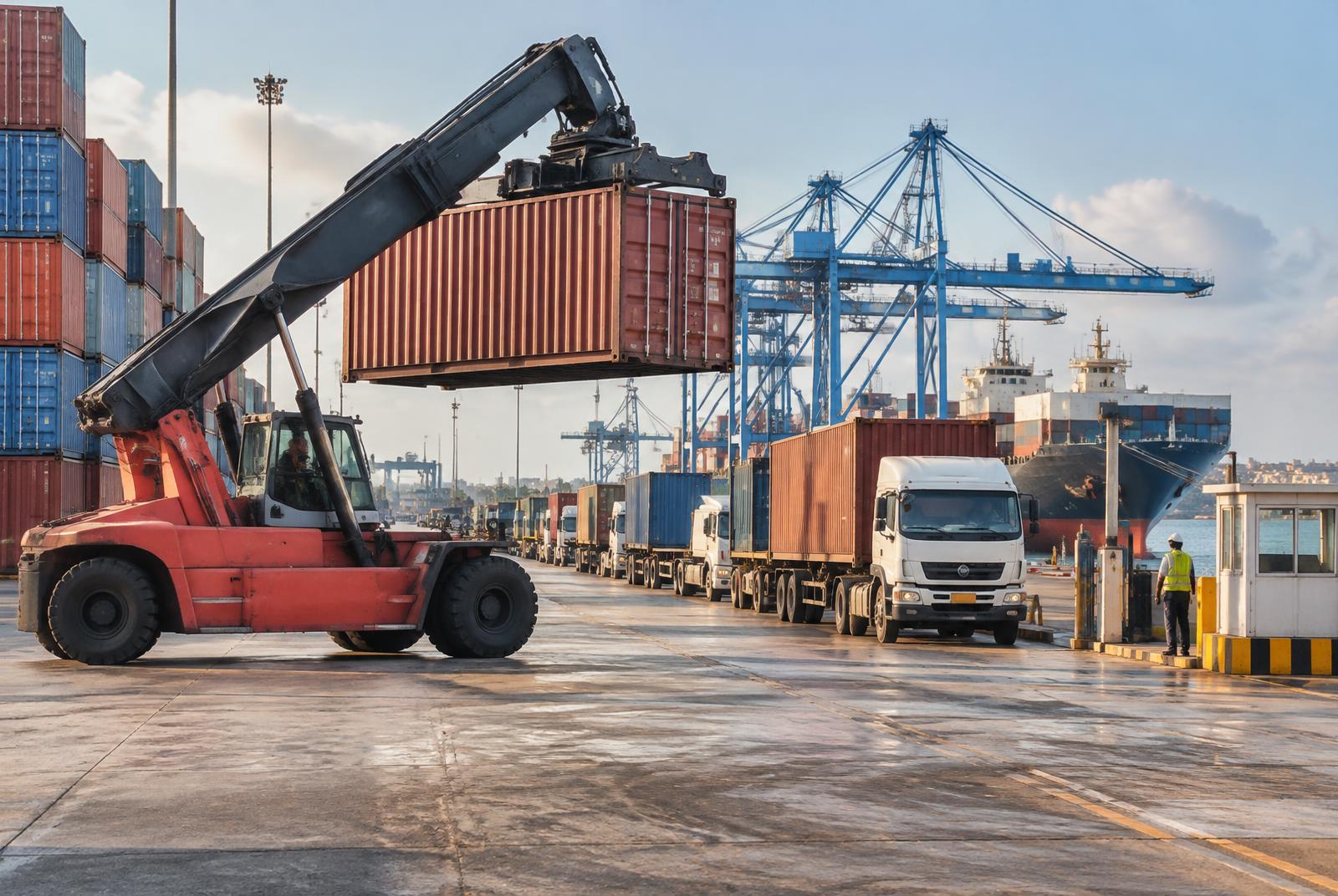 Reach stacker lifting a container while cargo trucks queue at the port gate