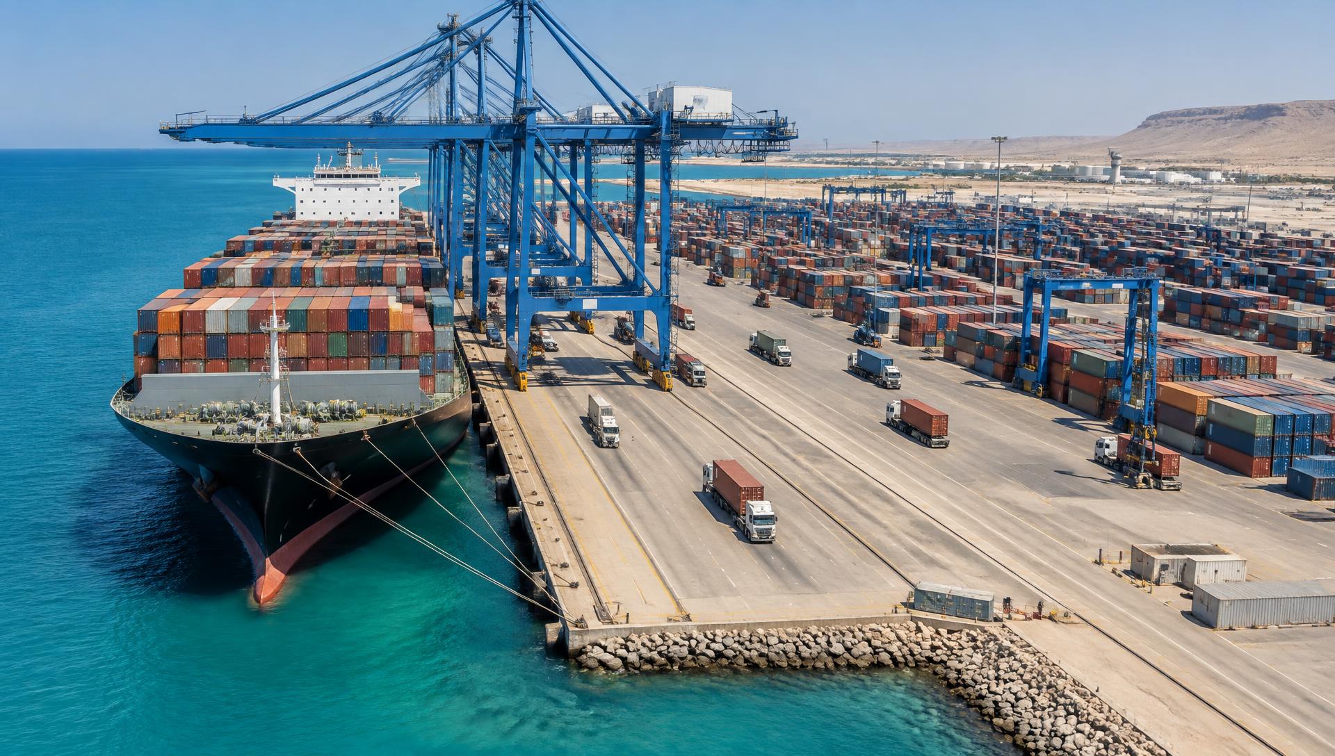 Container ship berthed at a Red Sea port terminal with gantry cranes, stacked containers and cargo trucks