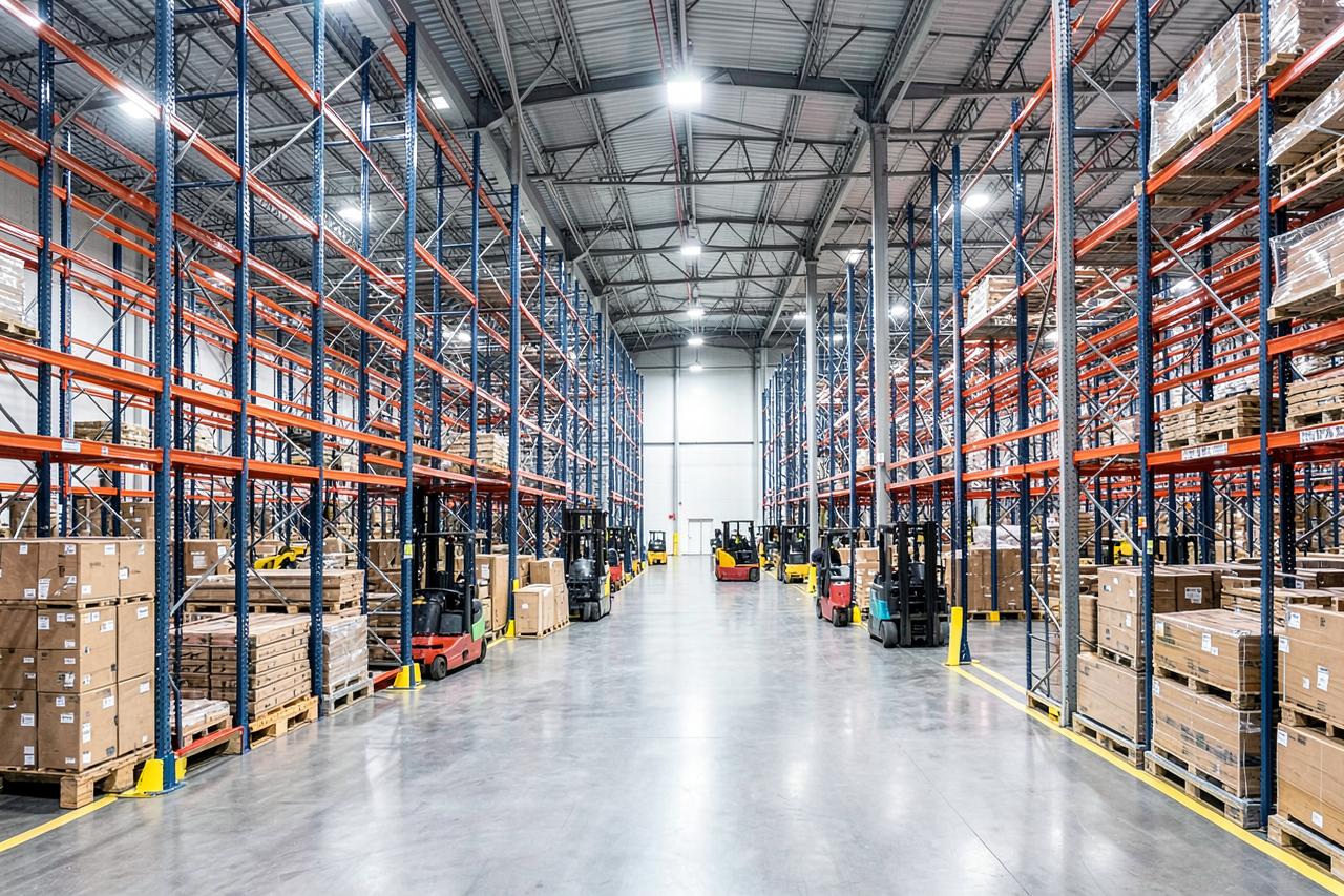 Interior of a modern distribution warehouse with racking and forklifts