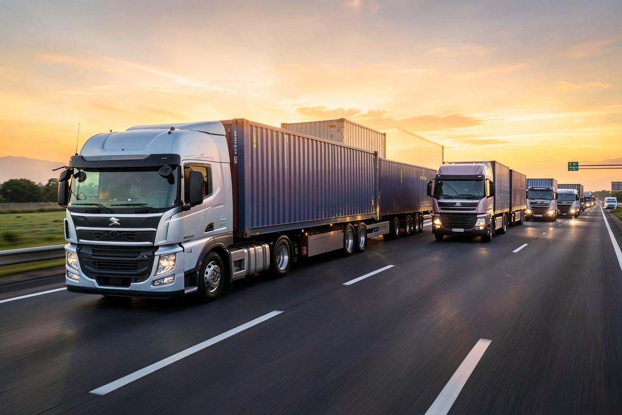Container trucks travelling on a highway at sunrise